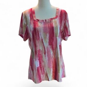 JM Collection Women's L Abstract Embossed Floral Pink and White Pullover Top
